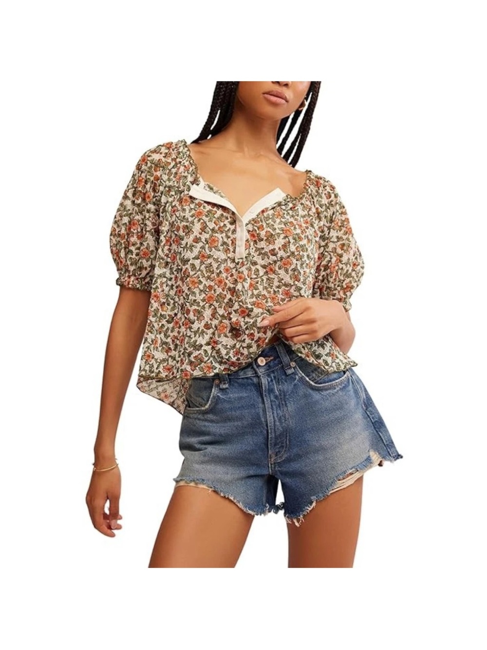Free People Cream Floral Puff Sleeve Blouse